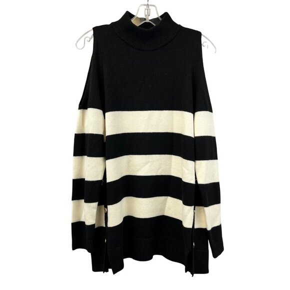 Chico’s Women’s Cold Shoulder Striped Sweater Black/Ivory Buttons Size Large - Picture 1 of 8